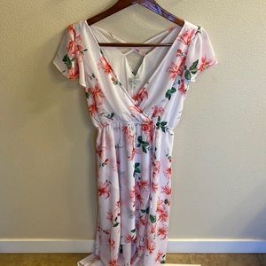 Bright Floral Summer Dress - Wrap Top with Flowy Bottom, White Skirt Underneath